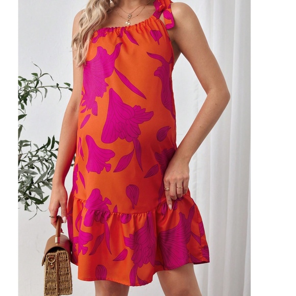 Vibrant Floral Print One Shoulder Ruffle Hem Mini Dress - Picture 7 of 8